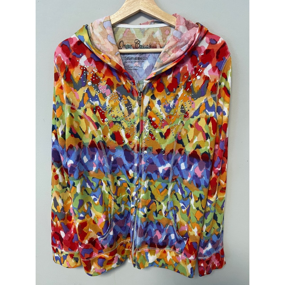 Onque Casuals Zip Up Hoodie Womens XL Multicolor Pre-owned Rhinestone Abstract